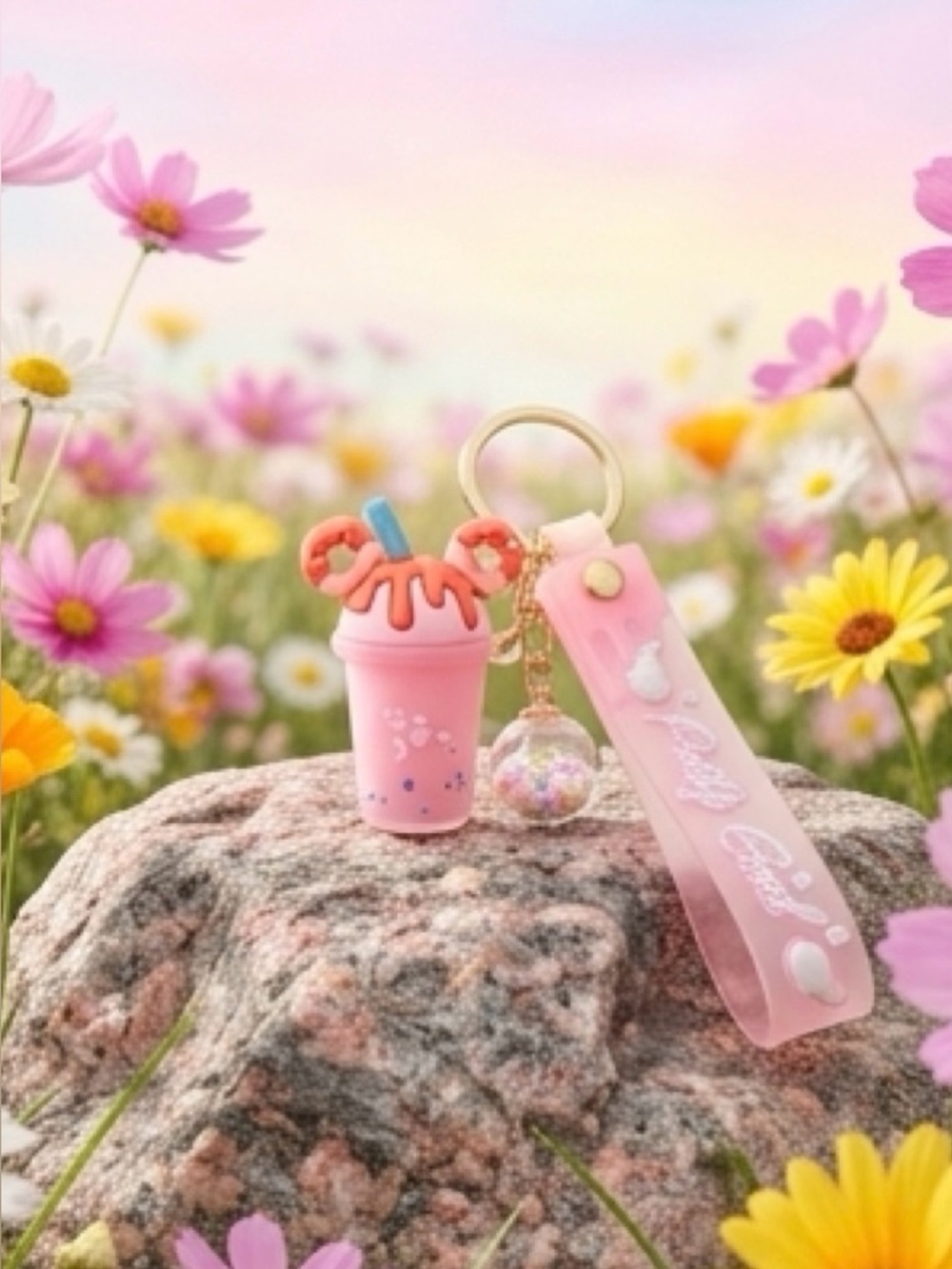 Pink Cute Bubble Tea Keychain Wristlet Charm